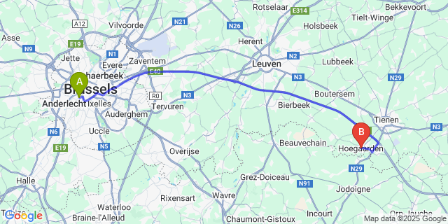 Map: Brussels Midi Train Station to Hoegaarden