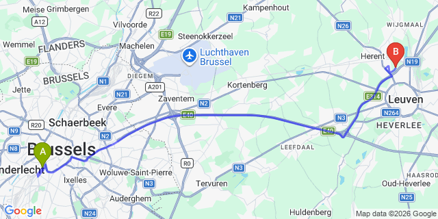 Map: Brussels Midi Train Station to Hoofddorp