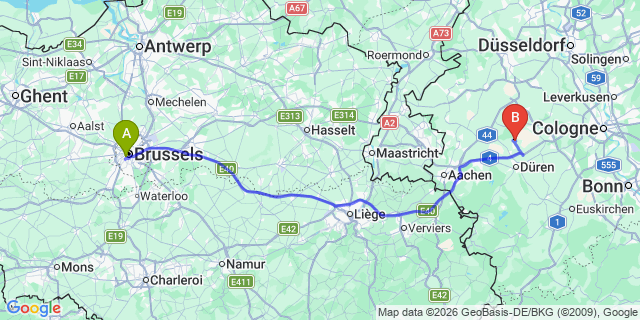 Map: Hoogeveen to Brussels Midi Train Station