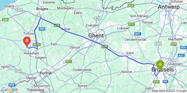 Map: Brussels Midi Train Station to Hooglede