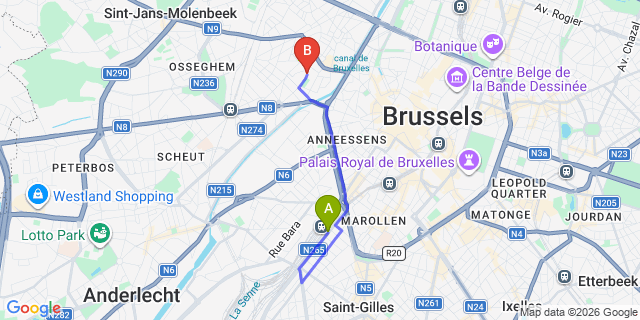 Map: Brussels Midi Train Station to Hostel Generation Europe, Brussels