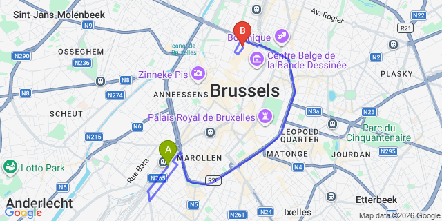 Map: Brussels Midi Train Station to Hotel Le Plaza Brussels