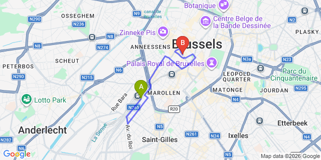 Map: Brussels Midi Train Station to Hotel Mozart, Brussels