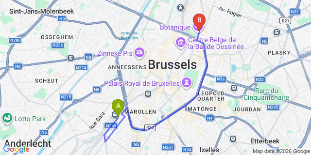 Map: Brussels Midi Train Station to Hotel Retro, Brussels