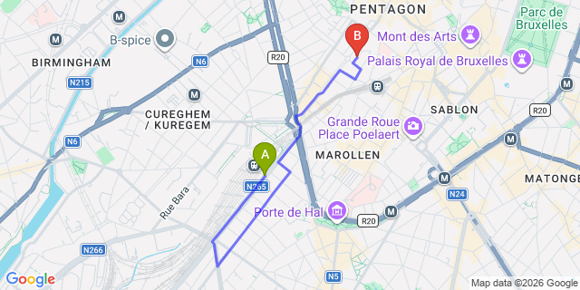 Map: Brussels Midi Train Station to HOTEL WINDSOR, Brussels