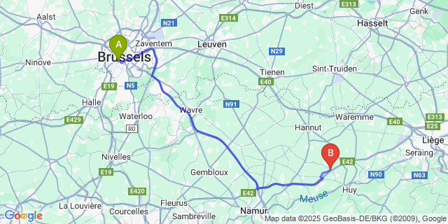 Map: Brussels Midi Train Station to Huccorgne