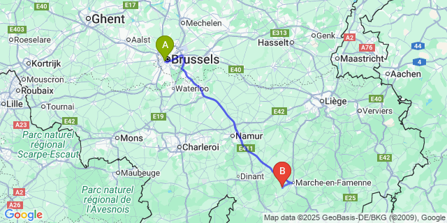 Map: Brussels Midi Train Station to Humain