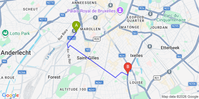 Map: Brussels Midi Train Station to ibis Brussels Centre Chatelain