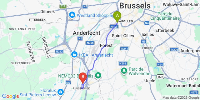 Map: Brussels Midi Train Station to ibis budget Brussels South Ruisbroek