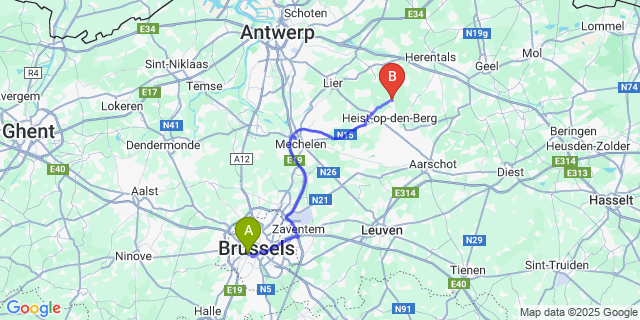 Map: Brussels Midi Train Station to Itegem