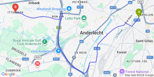 Map: Brussels Midi Train Station to Itterbeek