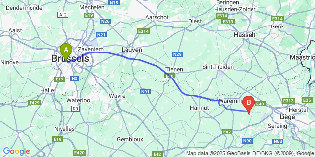 Map: Brussels Midi Train Station to Jeneffe