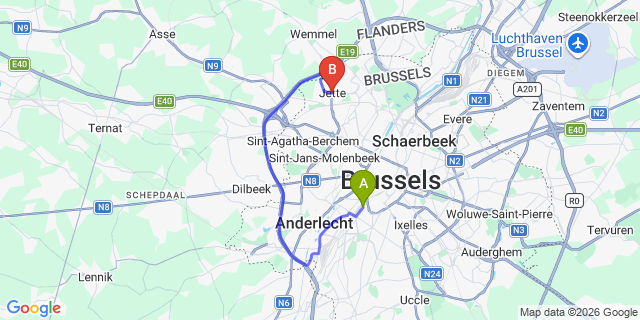 Map: Brussels Midi Train Station to Jette