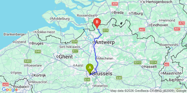 Map: Brussels Midi Train Station to Kalmthout