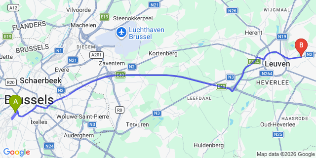 Map: Brussels Midi Train Station to Kessel-Lo (leuven)