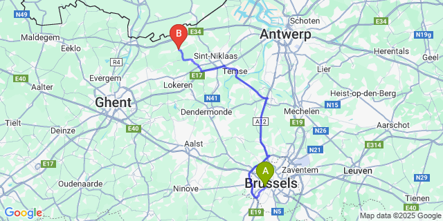 Map: Brussels Midi Train Station to Klein-Sinaai
