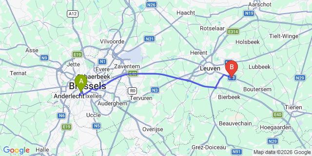 Map: Brussels Midi Train Station to Korbeek-Lo