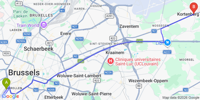 Map: Brussels Midi Train Station to Kortenberg