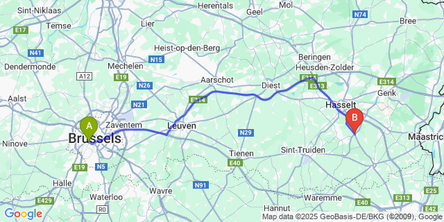 Map: Brussels Midi Train Station to Kortessem