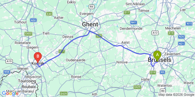 Map: Brussels Midi Train Station to Kortrijk