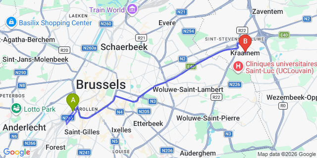 Map: Brussels Midi Train Station to Kraainem