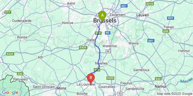 Map: Brussels Midi Train Station to La Hestre