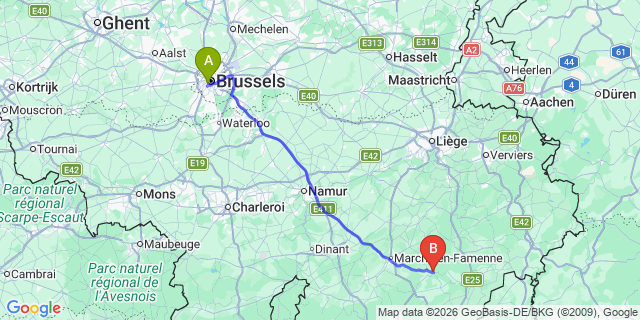 Map: Brussels Midi Train Station to La Roche-en-Ardenne