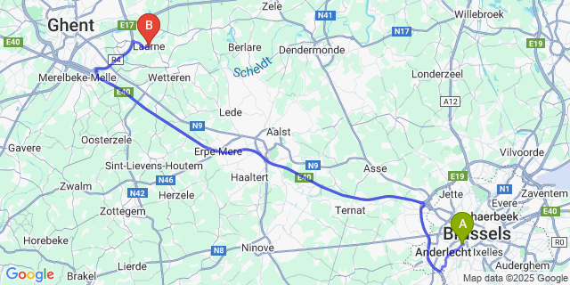 Map: Brussels Midi Train Station to Laarne