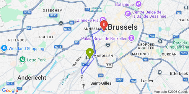 Map: Brussels Midi Train Station to Latroupe Grote Markt, Brussels