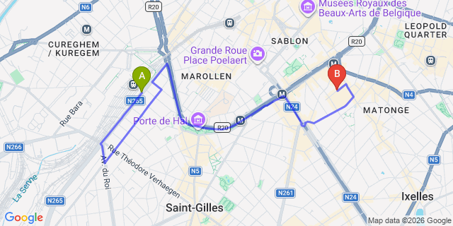 Map: Brussels Midi Train Station to LATROUPE Jardin Secret Hotel Brussels
