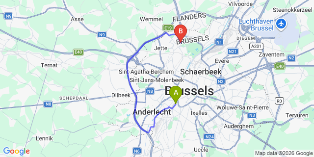 Map: Brussels Midi Train Station to Le Centenaire Apparthotel Hotel, Brussels