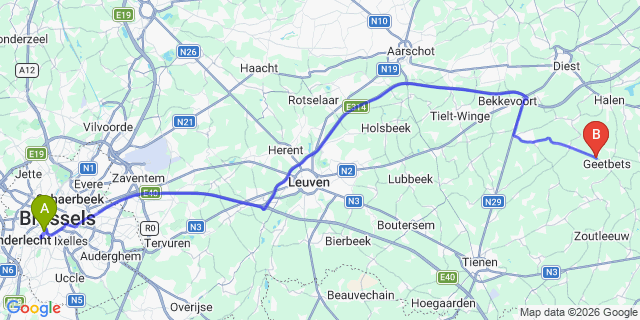 Map: Leerdam to Brussels Midi Train Station