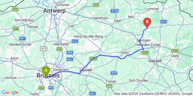 Map: Brussels Midi Train Station to Leopoldsburg