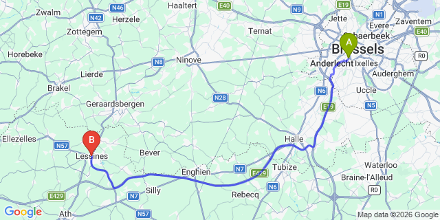 Map: Brussels Midi Train Station to Lessines