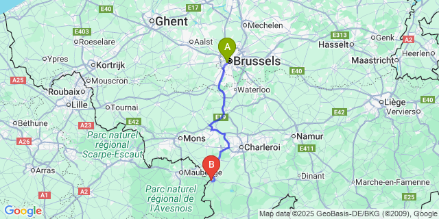 Map: Brussels Midi Train Station to Leval-Chaudeville