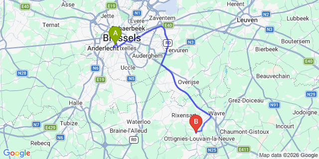 Map: Brussels Midi Train Station to Limelette
