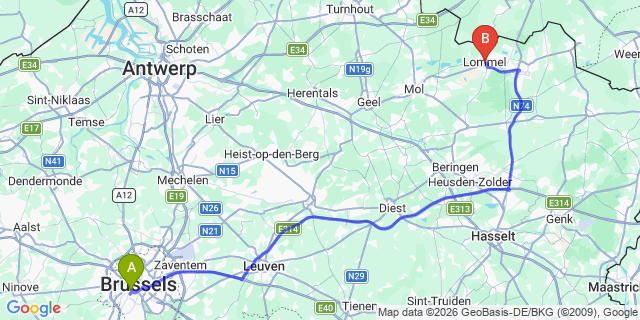 Map: Brussels Midi Train Station to Lommel