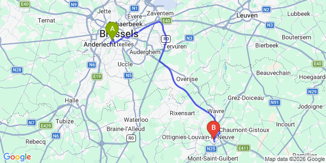Map: Brussels Midi Train Station to Louvain-la-Neuve