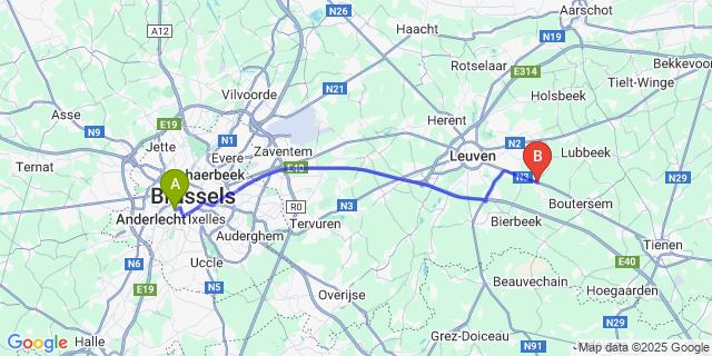 Map: Brussels Midi Train Station to Lovenjoel