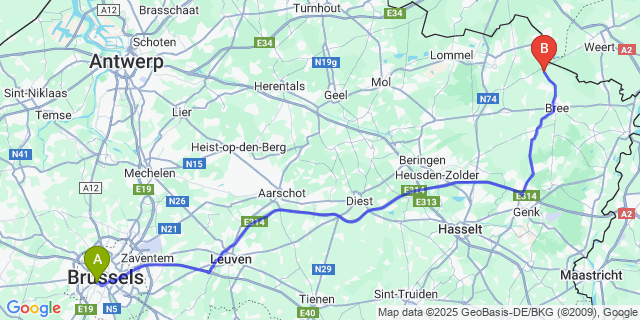 Map: Brussels Midi Train Station to Lozen