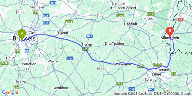 Map: Maastricht to Brussels Midi Train Station