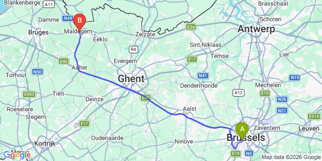 Map: Brussels Midi Train Station to Maldegem
