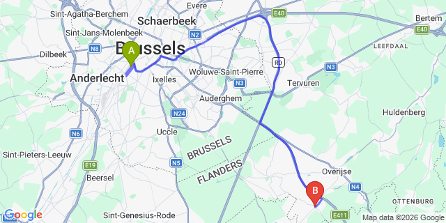 Map: Brussels Midi Train Station to Meleizen