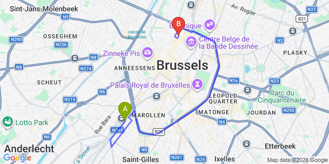 Map: Brussels Midi Train Station to Marivaux Hotel, Brussels