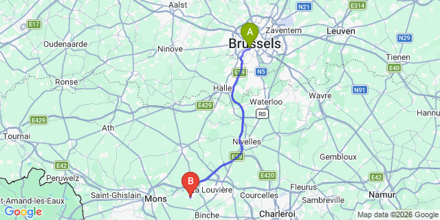 Map: Brussels Midi Train Station to Maurage