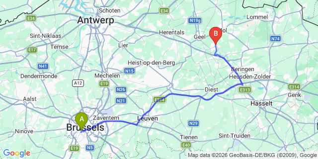 Map: Brussels Midi Train Station to Meerhout