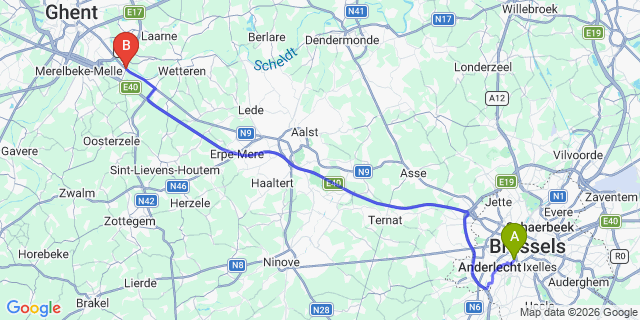 Map: Brussels Midi Train Station to Melle