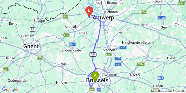 Map: Brussels Midi Train Station to Melsele