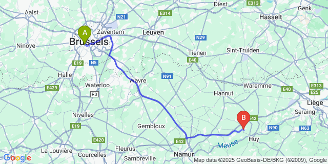 Map: Brussels Midi Train Station to Moha