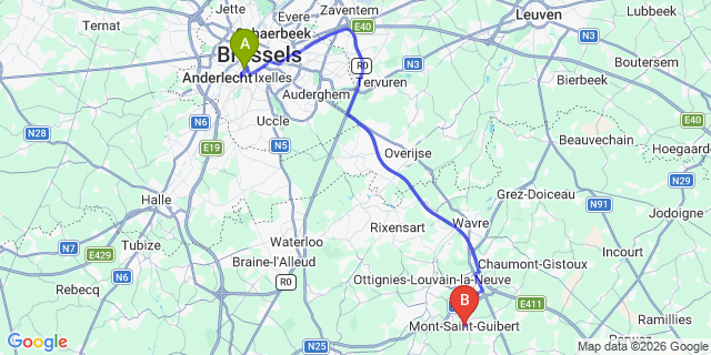 Map: Brussels Midi Train Station to Mont-Saint-Guibert